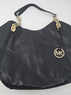 Michael Kors Fulton Black Pebbled Leather Hobo Bag Gold Chain Shoulder Handbag